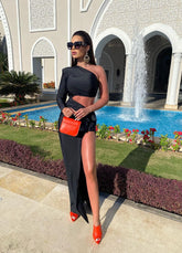 Black Ladies Long Sleeves Hollow Out Cutout out Cropped Hip Dress Stretch Dress Oblique Shoulder Winter