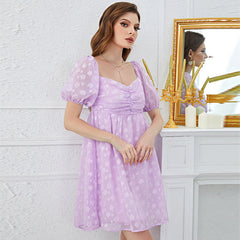 French Square Collar Puff Sleeve High Waist Pettidress Backless Dress