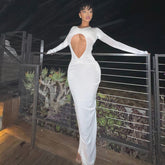 Cutout Slim Pleated Solid Color Long Sleeve Dress