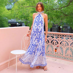 Vestido maxi con estampado de hojas de loto, sin mangas y espalda descubierta