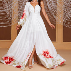 Vestido largo de gasa con diseño de manga corta y aberturas laterales