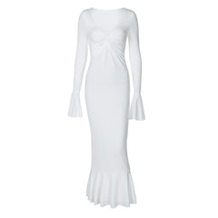 V neck Long Sleeve Ruffled Slim Fit Hip Dress