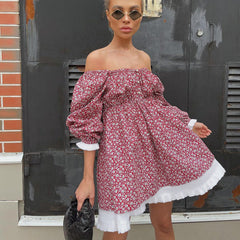 Printed Dress Puff Sleeve Square Collar Slimming A line Dress Floral Dress