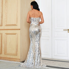 Elegantes Abendkleid für Bankett, Hochzeit, festliche Anlässe, Brautparty, Abendparty, mit Wickeloberteil, kurzer Schleppe und Pailletten