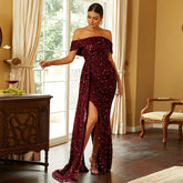 off-Neck Long Sequined Banquet Fishtail Small Trailing Evening Dress