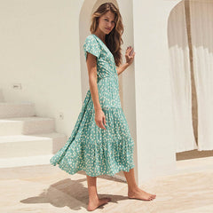 Vacation Casual V neck Buttons Small Floral Print Short Sleeve Dress