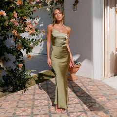 Hip Dress High Waist One Shoulder Solid Color Maxi Dress