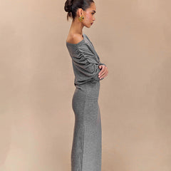 Solid Color Diagonal Collar Drop Shoulder Long Sleeve Waist Tight Maxi Dress