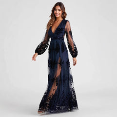 Maxi Dress High Split Ladies Long Sleeves Evening Dress