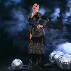 Long Sleeved Elegant V Neck Slim Fit Long Sequined Cocktail Evening Dress Bridesmaid Dress