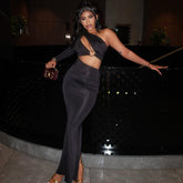 Solid Color Hollow Out Cutout out Bare Cropped Slim Fit Hip Dress Asymmetric One Shoulder Split Sleeve Diagonal Collar Dress