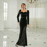Elegant Long-Sleeved Long Velvet Square Collar Annual Meeting Split Evening Dress Bridesmaid Dress
