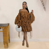 off Shoulder Drawstring Lace Dress