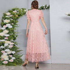 French Minority Slimming Mesh Stitching U Collar Solid Color Dress