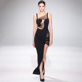 Black Low Elastic Mesh Mini Dress Strap Maxi Dress