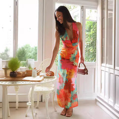 Vestido informal de cuello en V, estampado, con cordones y largo medio