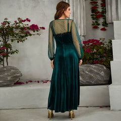 Long Sleeve round Collar Gauze Lace Velvet Cami Dress