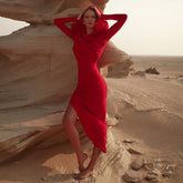Solid Color One Piece Hat Long Sleeve Side Slit Maxi Dress