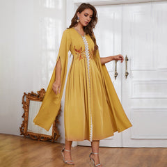 Dress V neck Embroidery Irregular Asymmetric Maxi Dress