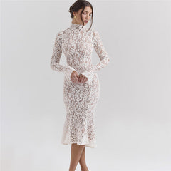 French Lace Cutout Turtleneck Long Sleeve Fishtail