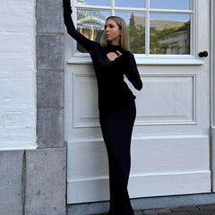 High Collar Hollow Out Cutout Out Knitted Pencil Elegant Slim Fit Maxi Dress