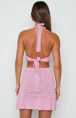 V neck Halter Sleeveless Hollow Out Cutout Knitted Backless Dress