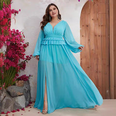 Plus Size Dress Chiffon V Neck Long Sleeve Slimming Dress