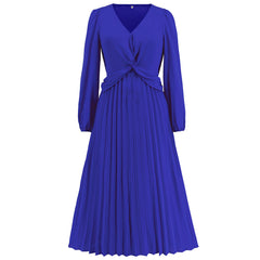 Long Sleeve V Neck Slim Fit Pleated Dress Solid Color Lantern Sleeve Maxi Dress Popular
