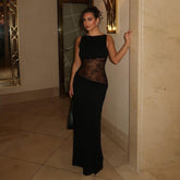 Slim Fitting Patchwork Lace Backless Dress French Dress