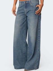 Loose Wide-Leg Printed Denim Trousers