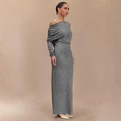 Solid Color Diagonal Collar Drop Shoulder Long Sleeve Waist Tight Maxi Dress
