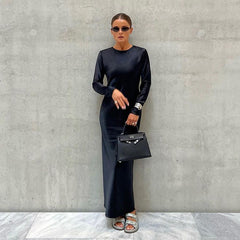 Early Satin Draping Dress round Neck High Waist Long Sleeve Dress