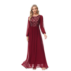Long Sleeve Chiffon Stitching Sequ Toast Dress A line Large Hem round Neck V Back Fully Lined Elegant Evening Dress