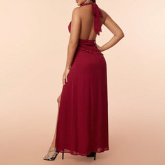 Elegantes ärmelloses Neckholderkleid mit Quasten, rückenfreiem Design und hohem Schlitz