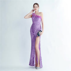 High Density Ostrich Hair Sequ Positioning Floral Oblique Shoulder Collar High End Evening Dress