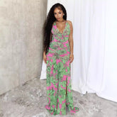 Spaghetti Strap Floral Print Pleating Slit Dress Long