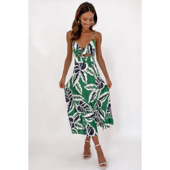 Sundress Leaves Tropical Floral Print Fresh Sweet Tie-Neck Strap Dress