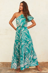 Vestido informal con cuello oblicuo, encaje floral y hombros descubiertos