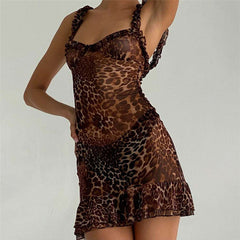 Cooles Leopardenmuster-Top mit V-Ausschnitt und offenem Rücken aus Mesh