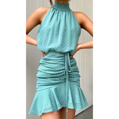 Fresh Sweet Drawstring Halter Chiffon Dress