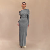 Solid Color Diagonal Collar Drop Shoulder Long Sleeve Waist Tight Maxi Dress