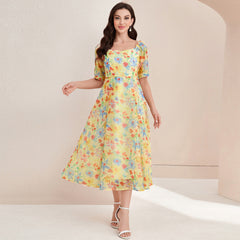 French Elegant High Waist Square Collar Dress