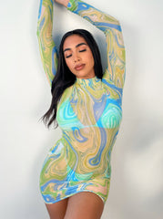 Vestido de manga larga de malla transparente Vestido de manga larga ajustado con estampado floral de malla