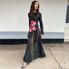 Intellectual Elegant round Neck Long Sleeve Back Hollow Out Cutout Print Length Dress