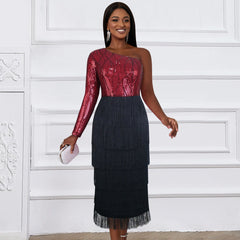 One Shoulder Sequined Dress Party Dinner Oblique Collar Tassel Dress
