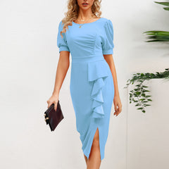 Vestido elegante de negocios ajustado con volantes y abertura popular