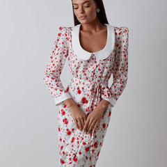 Elegant Printed Dress Three Quarter Sleeve Collared Split Waist Fitted Dress