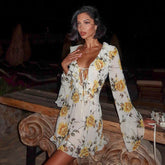 V neck Printed Lace up Long Sleeve Dress