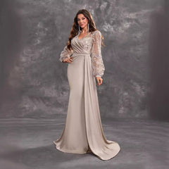 Elegantes Abendkleid für Cocktailpartys, Paillettenbesetzt, Satin, V-Ausschnitt, lange Ärmel