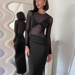 Mesh Stitching Sheer Long Sleeve Maxi Dress